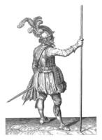 Soldier Seen from the Back Holding His Skewer Upright with His Right Hand, vintage illustration. photo