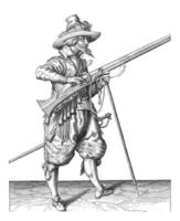 Soldier on Watch Covering the Pan of His Musket with Two Fingers, vintage illustration. photo