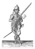 guardián soldado participación su timón con su Derecha mano inclinado hacia arriba, Clásico ilustración. foto