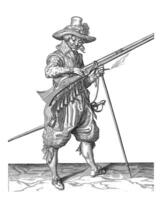 Guardian soldier pressing his fuse on the cock of his musket, vintage illustration. photo