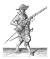 soldado participación su mosquete con su izquierda mano puntiagudo a un ángulo, Clásico ilustración. foto