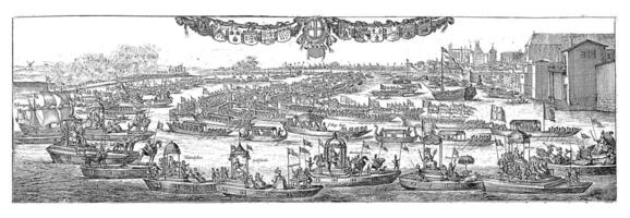 triunfal procesión en el agua a el llegada en Londres de Rey Charles ii y reina Catalina de braganza, puñal agacharse, 1662 foto