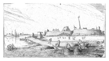 remo barcos con pescadores en frente de un fuerte en el Scheldt foto
