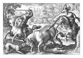 paisaje con toro caza, egberto jansz, después antonio tempestad, 1598 foto