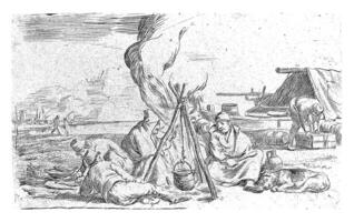 Five soldiers around a campfire, Jan van Ossenbeeck, 1647 - 1674 photo