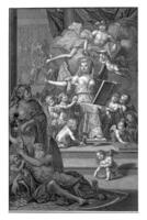 Allegorical scene with snake-crowned writing woman photo