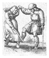 Dancing crippled man and woman dressed as peasants photo