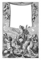 Neptune standing on a shell drawn by horses amid sea creatures. photo