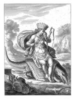 Female personification of America as a woman with a feather headdress and a bow and arrow sitting on a caiman. photo