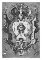 Cartouche with the head of a woman wearing three shells in her hair photo