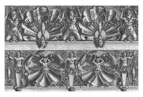 Two friezes one above the other, in the upper fires kneeling three men photo