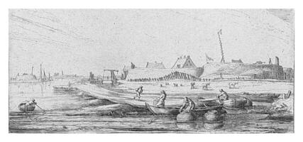 Rowing boats with fishermen in front of a fort on the Scheldt photo