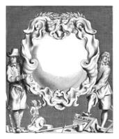 Cartouche with lobe ornament held up by two men photo