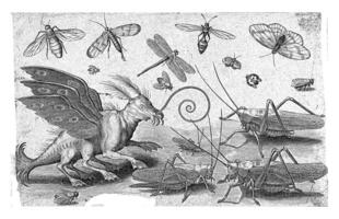 Grasshoppers and fantasy creature with wings and webbed feet photo