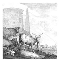 Goats and Cows by a Round Tower with an Obelisk photo