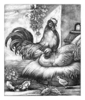 gallo y gallina, ene grifo i, 1667 - 1718 un gallo y un gallina son sentado en un nido con algunos pollitos foto