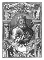 Evangelist Mark with lion in frame with architectural ornaments photo