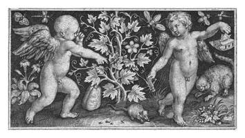 Two little angels on either side of a calabash plant photo