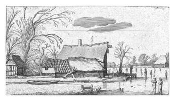 Farm by a Frozen River with Skaters photo