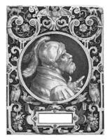 Portrait of Godfrey van Bouillon in medallion within rectangular frame with ornaments photo