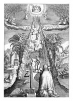 Emblem with man looking at his good works and the way he should go in the future photo
