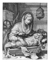 Mary laying the child in the cradle, Jacob Matham workshop of, after Jacob Matham, 1610 - 1614 photo