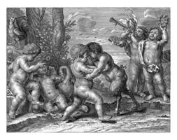Allegory with a fight between putto and satyr child as virtue and vice photo