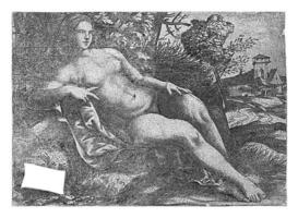 reclinable Venus en paisaje, domenico campañola, 1517 foto