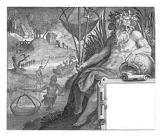 Title print with title and river god with trident and fishing net in a landscape with fishermen photo