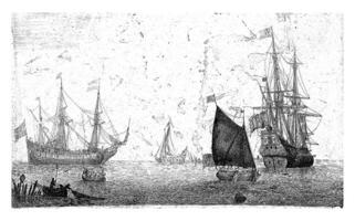 Seascape with two three-masters with lowered sails photo