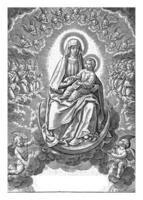 Mary sits with the Christ Child on her lap on the crescent moon. photo