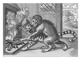 Monkey forces a cat to take the chestnuts out of the fire, Jacob Gole, after Jan Griffier I, after Francis Barlow, 1680 - 1723 photo