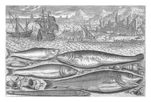 Five fish on the beach, Adriaen Collaert, 1627 - 1636 photo