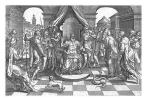 Moisés y aarón con el faraón, johannes wierix, después marta camioneta clave i, 1579 foto