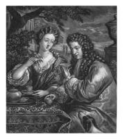 A man and woman drinking coffee or tea in the garden, Jan Broedelet, 1690 - 1700 photo