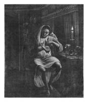 A woman putting on her nightgown, by candlelight, Jan Griffier I, 1667 - 1718 photo