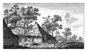 paisaje con un alpaca, hendrik Schwegman, 1786 paisaje con un alpaca y arboles un hombre camina con un vaca en un cuerda. foto