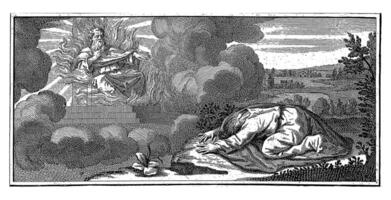 Allegorical or Biblical scene with a kneeling figure of a man on a throne with flames photo