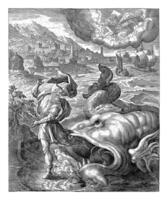 The fish spews out Jonah on the land, Crispijn van de Passe I, after Maerten de Vos, 1574 - 1637 photo