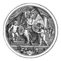 medalla con desnudo con alas mujer y dos cupidos y símbolos de amar, mil millones, 1732 foto