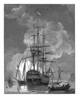 Figures in a sloop near a burning ship, Philippus Velijn, after Johannes Christiaan Schotel, 1824 photo