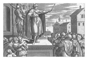 Rehoboam answers the people, Hans Collaert I attributed to, after Ambrosius Francken I, 1585 photo