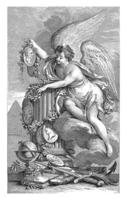 Angel on a cloud near a column with a globe, a sword and medallions, Reinier Vinkeles I, 1751 - 1816 photo