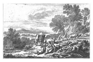 Hilly Landscape with Shepherds and Farmers, Jan de Visscher, after Nicolaes Pietersz. Berchem, 1725 - 1751 photo