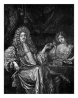 Portrait of a Man with a Prostitute, Pieter Schenk I, after Ary de Vois, c. 1670 - c. 1713 photo