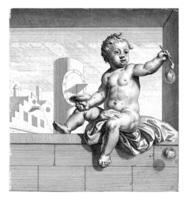 Seated putto blowing bubbles., Gilliam van der Gouwen, after Jan Hoogsaat, 1670 - c. 1740 photo