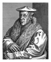 Portrait of the painter Jan van Scorel, Johannes Wierix attributed to, 1572 In the margin a five-line caption in Latin. photo