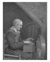 Old woman at a spinning wheel, Pierre Francois Basan, after Quiringh Gerritsz. van Brekelenkam, 1739 - 1797 photo