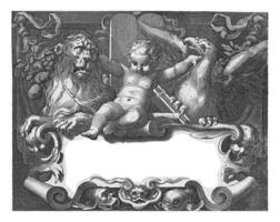 Title print with child between tamed lion and bird of prey on top of shield with verse photo