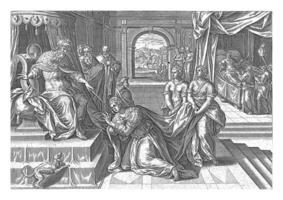 Esther before Ahasuerus, Hans Collaert I attributed to, after Jan Snellinck I, 1585 - 1643 photo